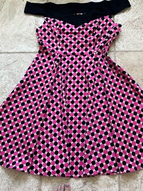 Off-Shoulder Pink and Black Polka Dot Midi Dress